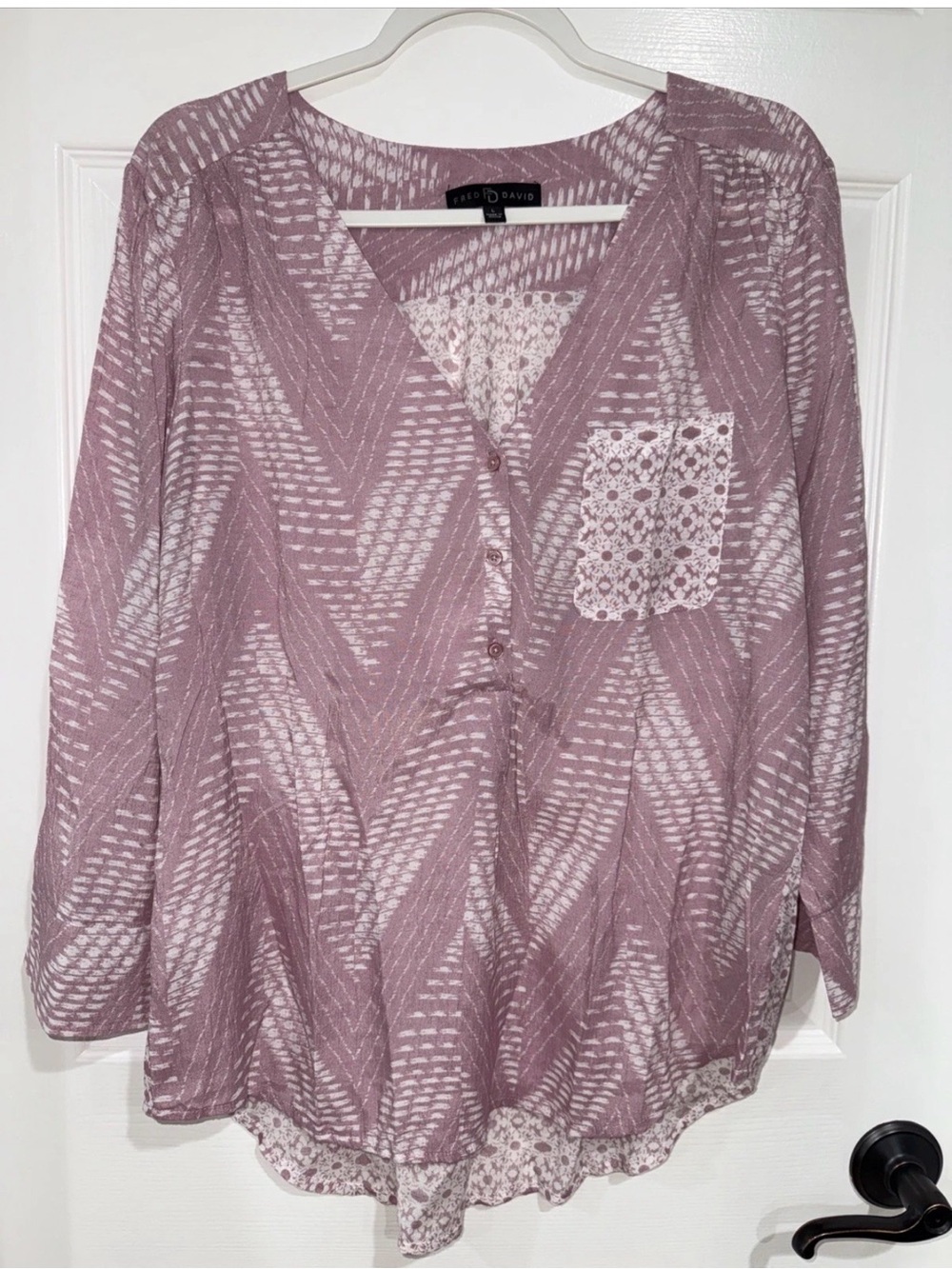 Fred David Women's L 3/4 Sleeve Tunic Blouse Pink/White Geo Floral Hi-Low Hem